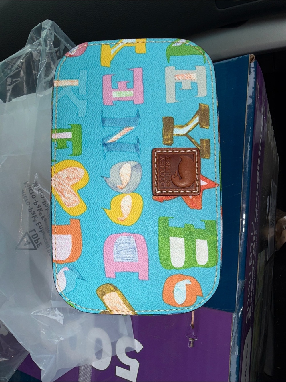 Dooney & Bourke Turquoise Alphabet Zip Pouch with Multicolor Letters